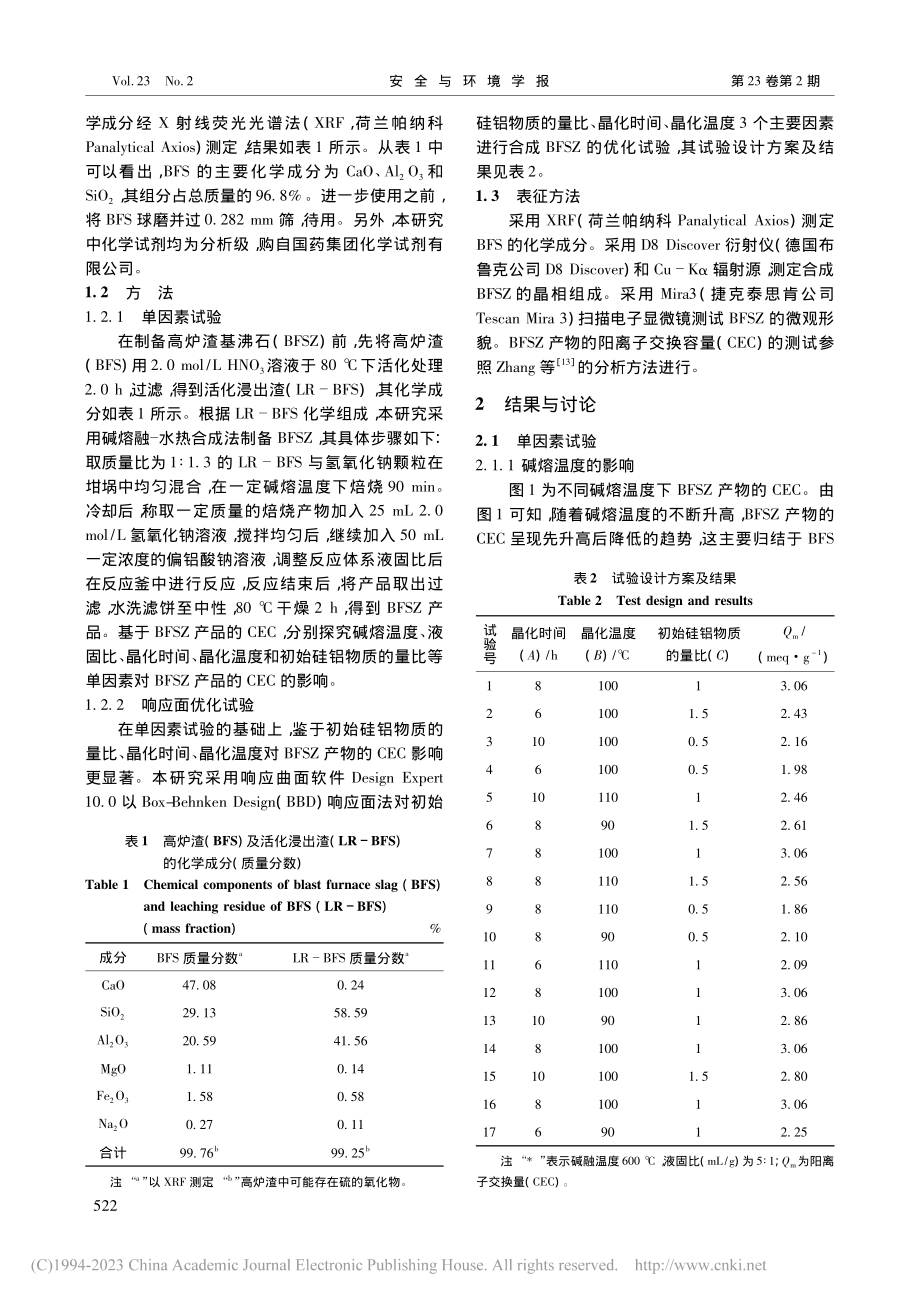 高炉渣基沸石分子筛材料的制备及其响应面优化_李昌新.pdf_第2页