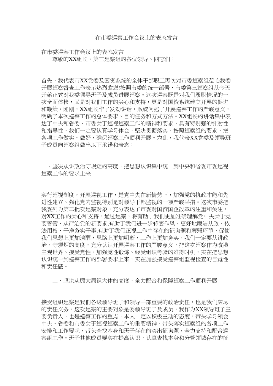 2023年在市委巡察工作会议上的表态发言.docx_第1页