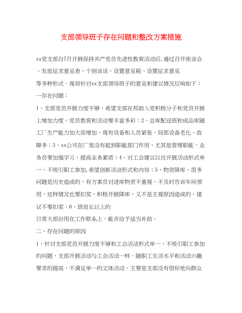 2023年支部领导班子存在问题和整改方案措施.docx_第1页