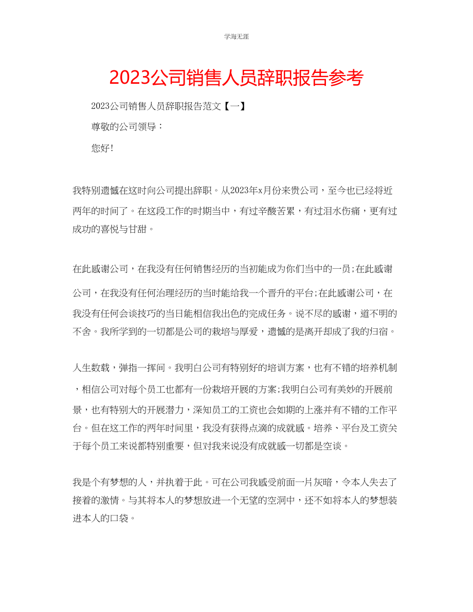 2023年公司销售人员辞职报告.docx_第1页