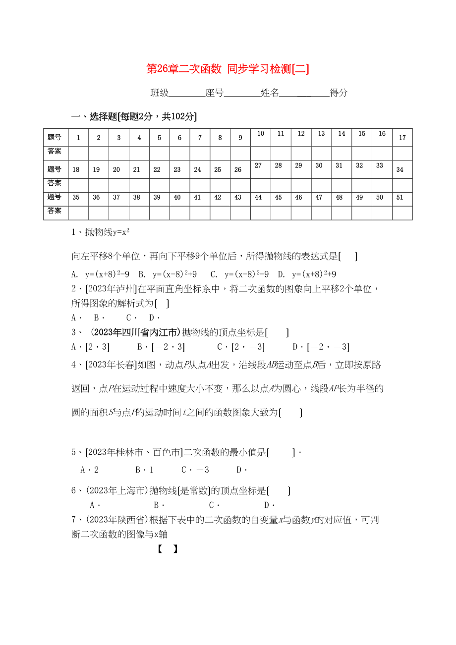 2023年九年级数学下册第26章二次函数同步学习检测（二）选择题人教新课标版.docx_第1页