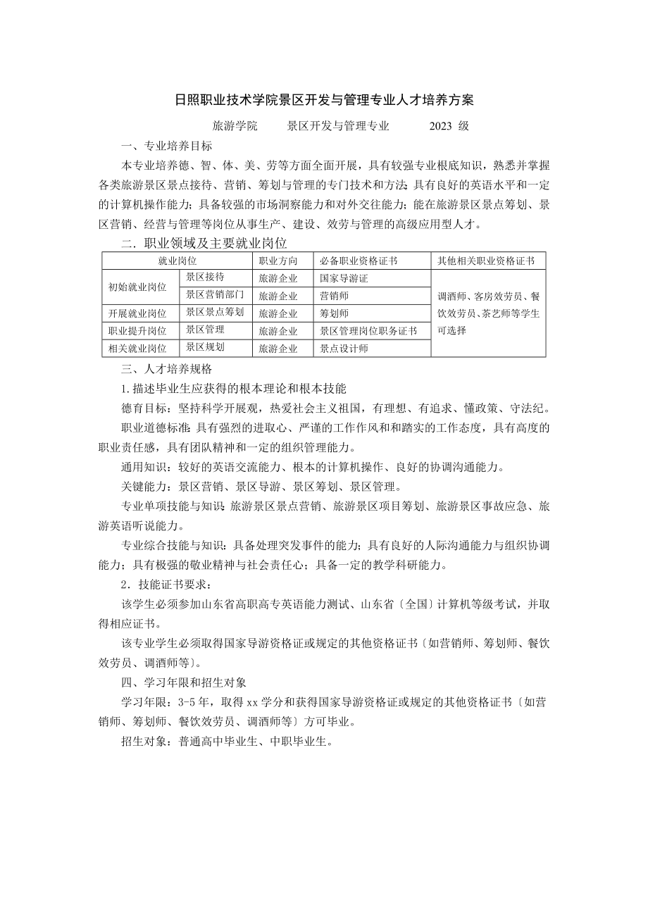 2023年日照职业技术学院景区开发与管理专业人才培养方案.doc_第1页