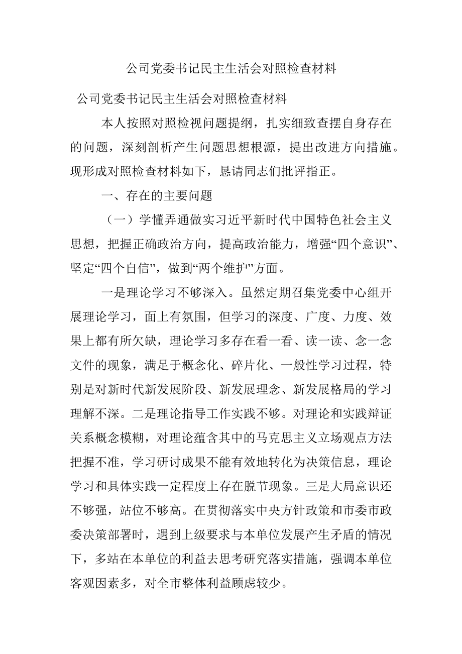 公司党委书记民主生活会对照检查材料.docx_第1页