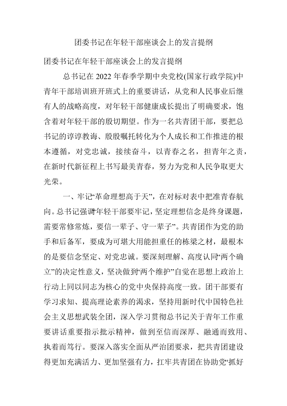 团委书记在年轻干部座谈会上的发言提纲.docx_第1页