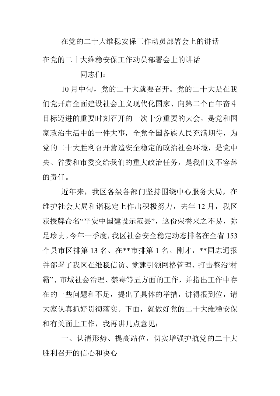 在党的二十大维稳安保工作动员部署会上的讲话.docx_第1页