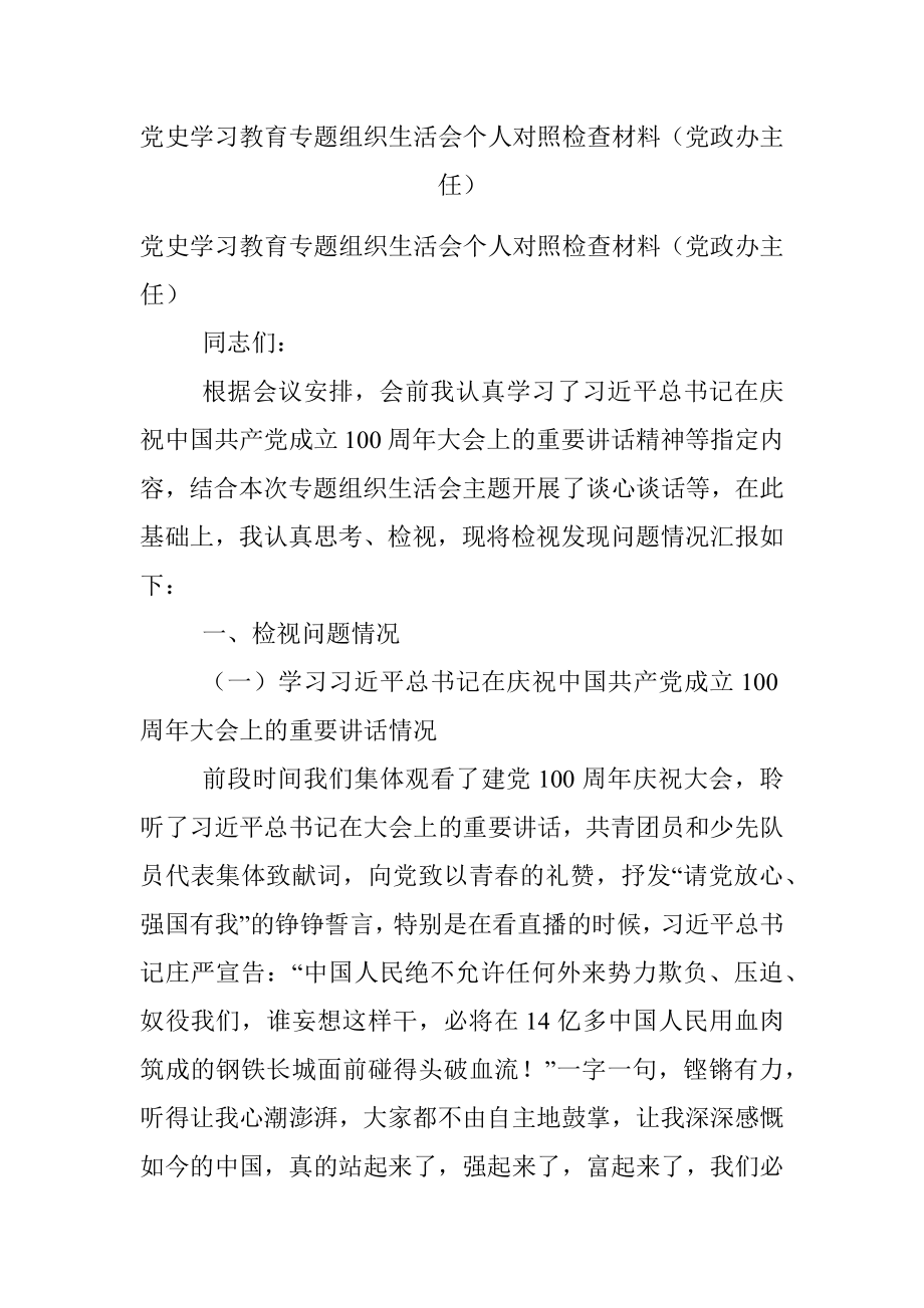 党史学习教育专题组织生活会个人对照检查材料（党政办主任）_1.docx_第1页