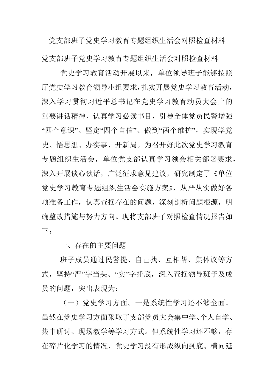 党支部班子党史学习教育专题组织生活会对照检查材料.docx_第1页