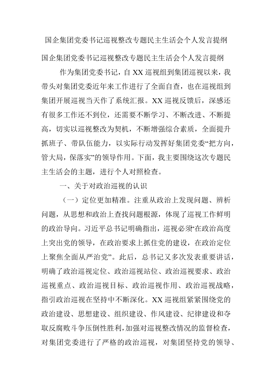 国企集团党委书记巡视整改专题民主生活会个人发言提纲.docx_第1页