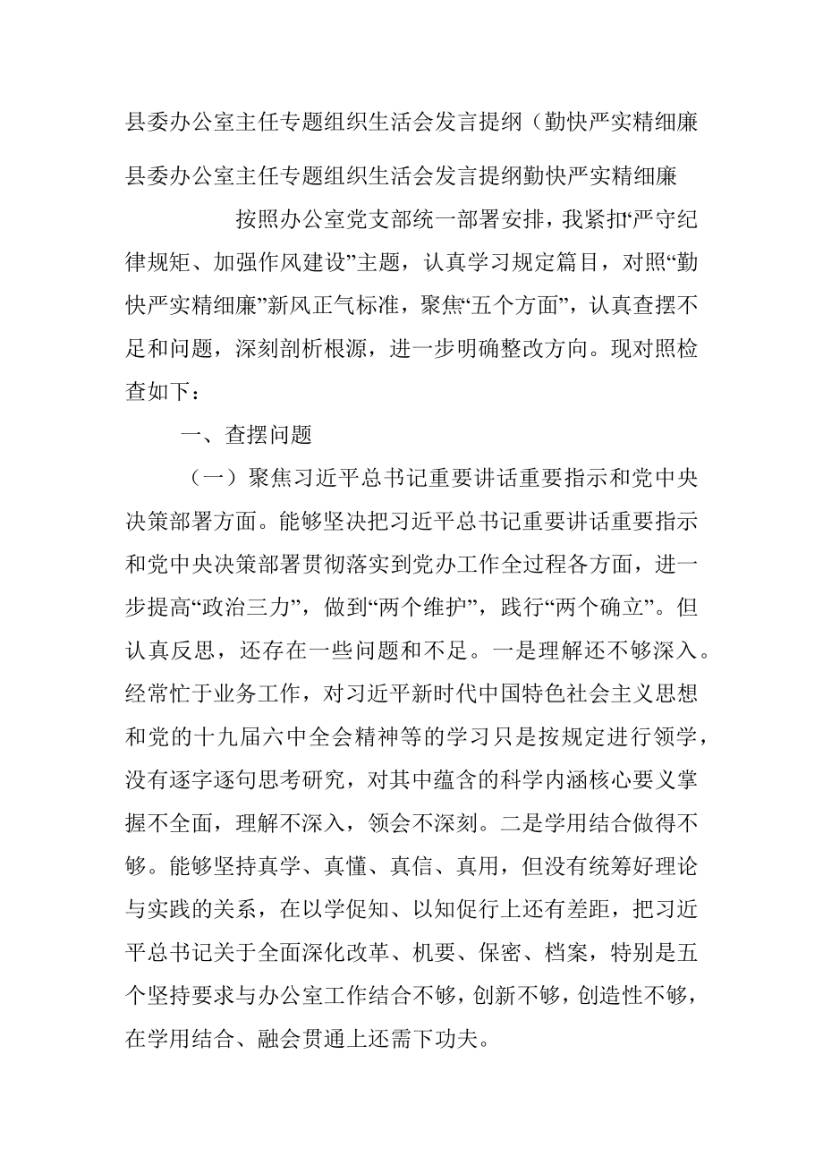 县委办公室主任专题组织生活会发言提纲（勤快严实精细廉.docx_第1页