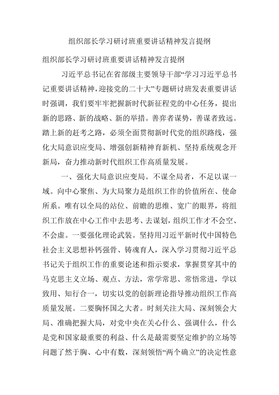 组织部长学习研讨班重要讲话精神发言提纲.docx_第1页