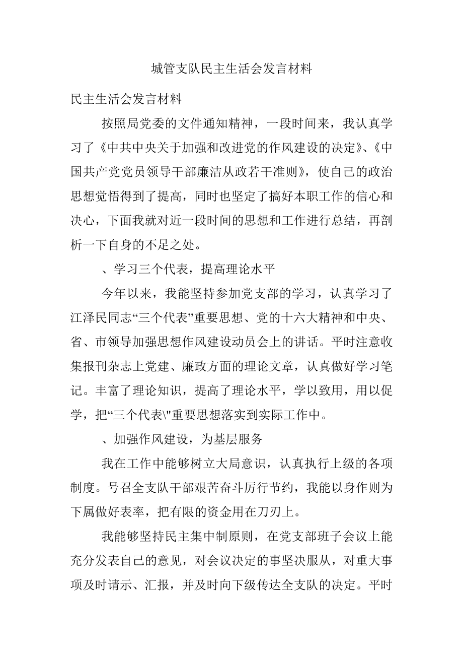 城管支队民主生活会发言材料.docx_第1页