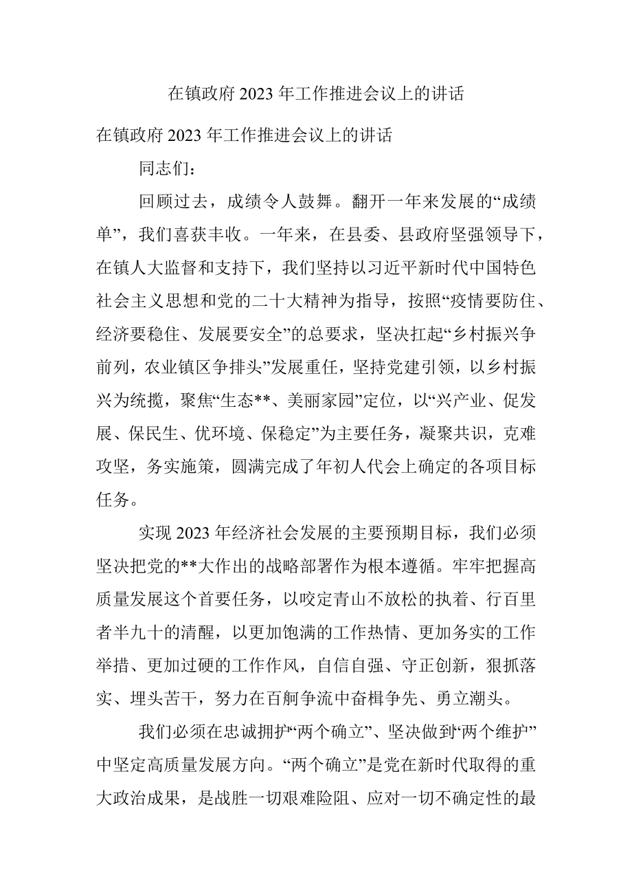 在镇政府2023年工作推进会议上的讲话.docx_第1页