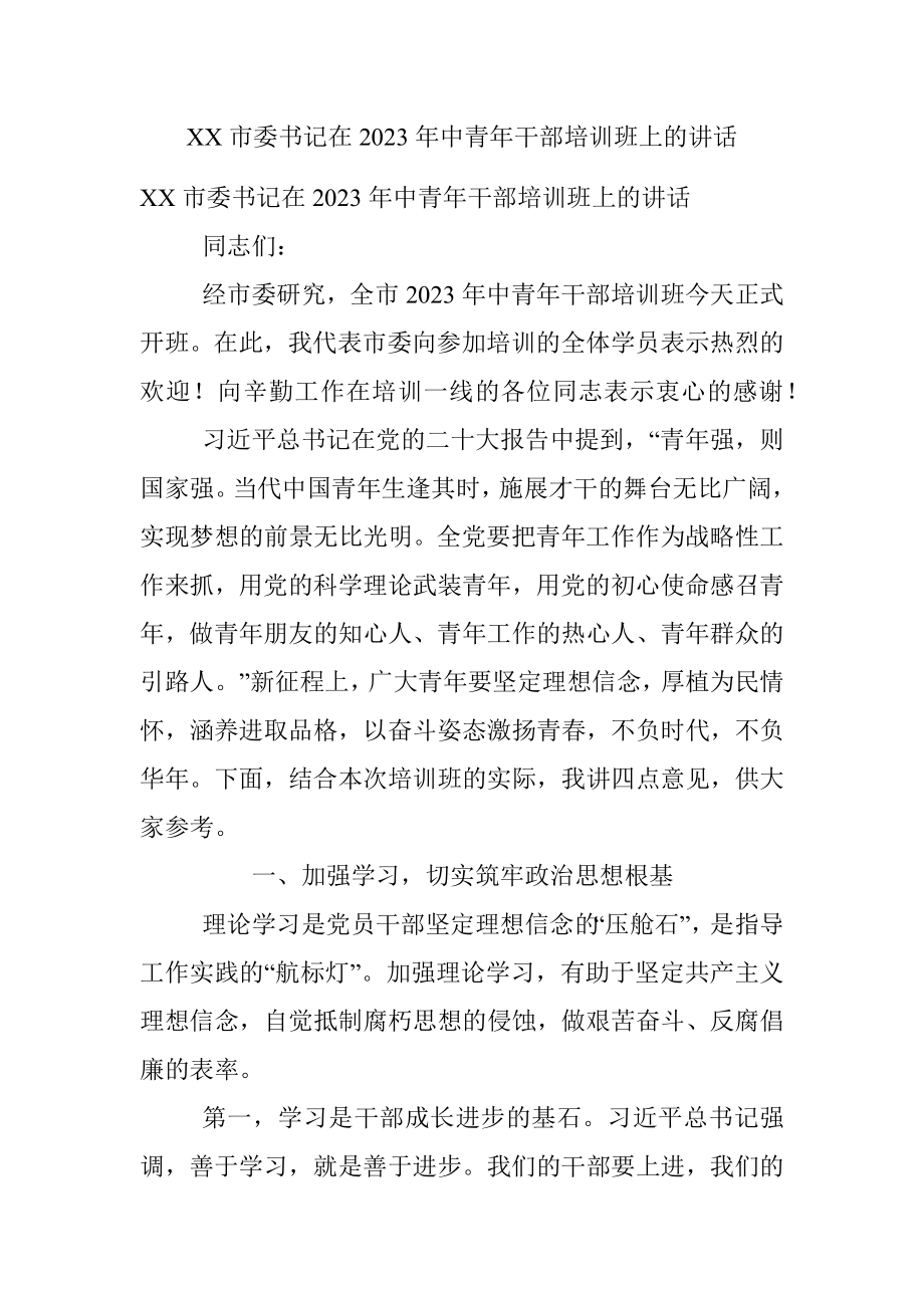 XX市委书记在2023年中青年干部培训班上的讲话.docx_第1页