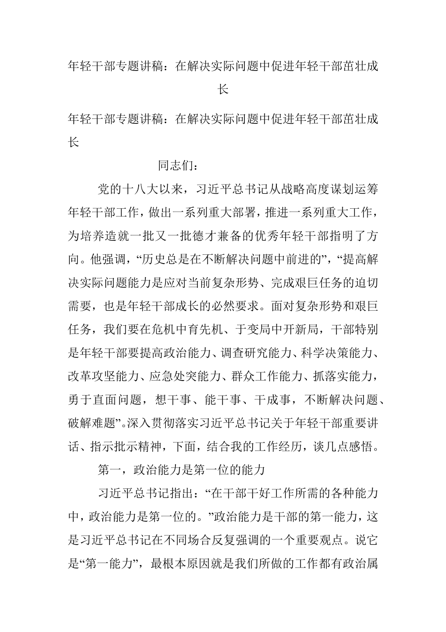 年轻干部专题讲稿：在解决实际问题中促进年轻干部茁壮成长_1.docx_第1页