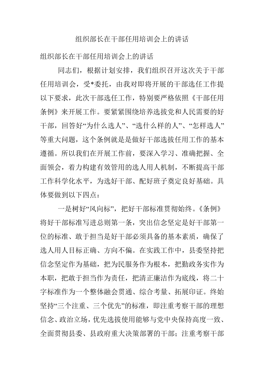 组织部长在干部任用培训会上的讲话.docx_第1页