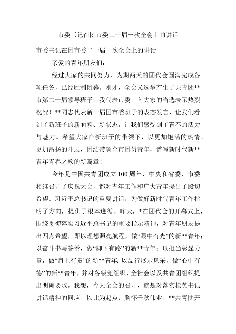 市委书记在团市委二十届一次全会上的讲话.docx_第1页