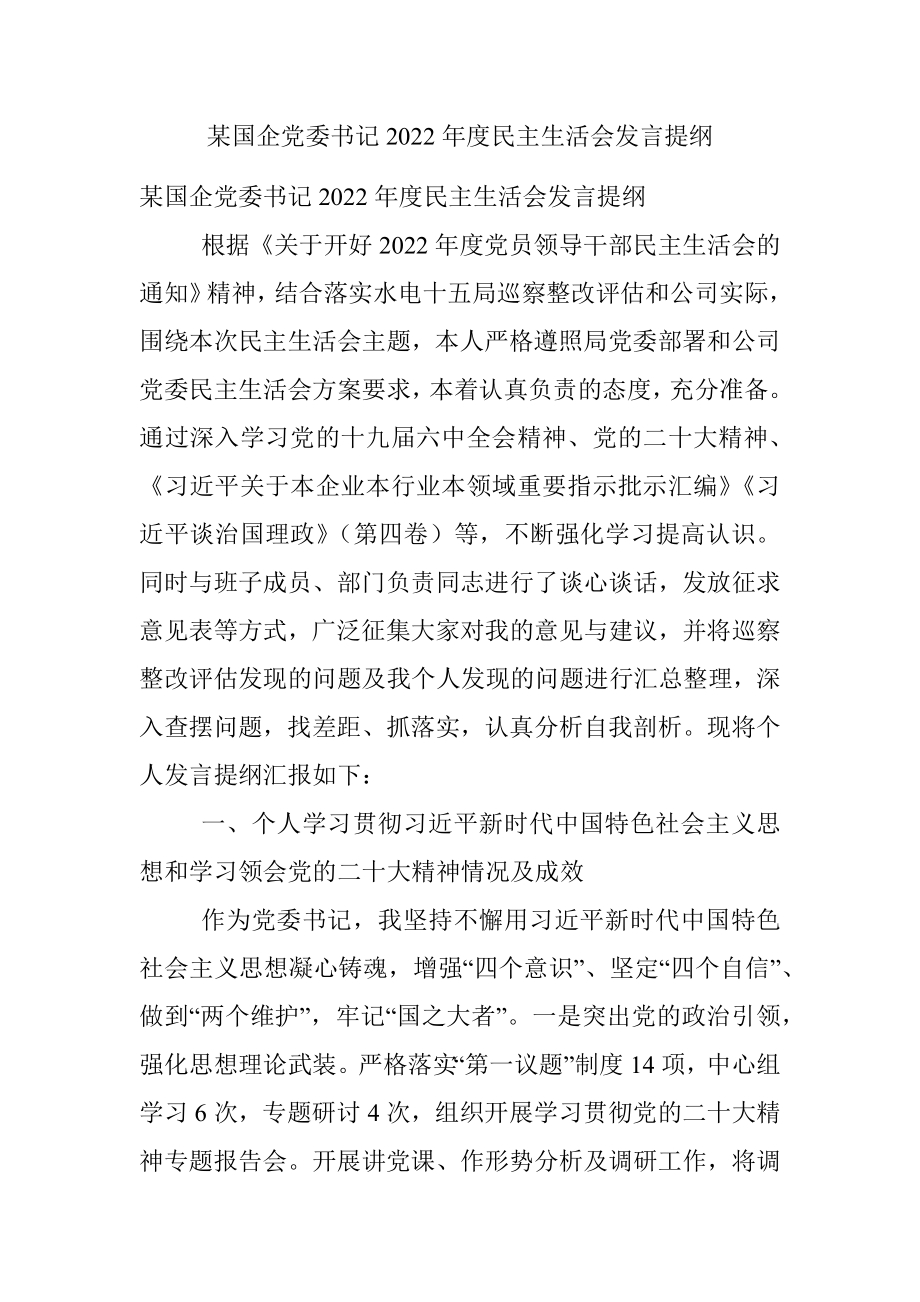 某国企党委书记2022年度民主生活会发言提纲.docx_第1页