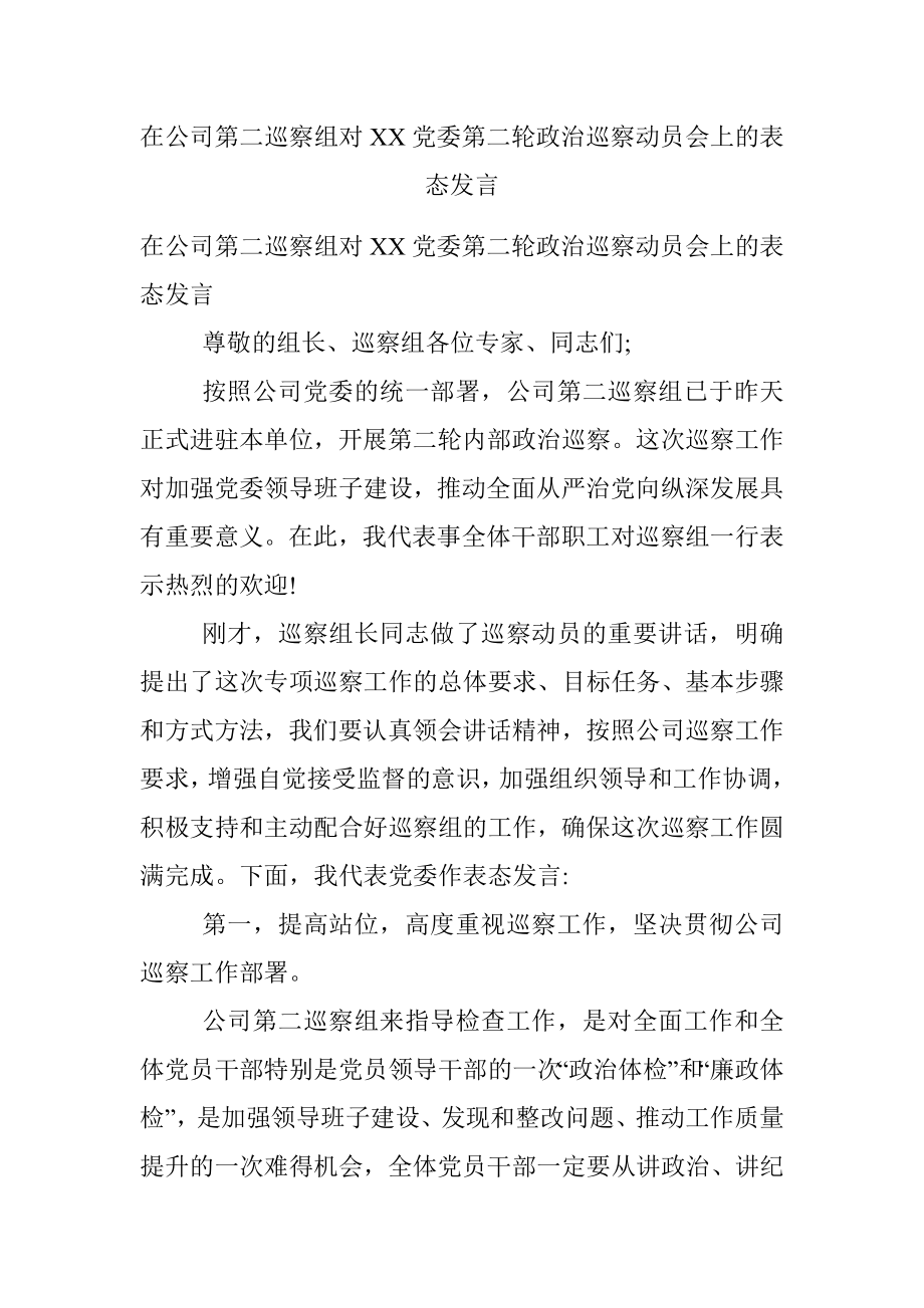 在公司第二巡察组对XX党委第二轮政治巡察动员会上的表态发言.docx_第1页