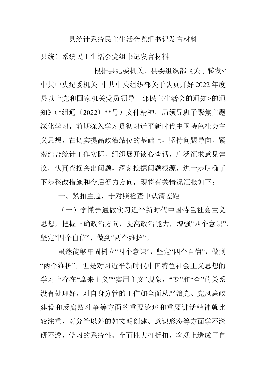 县统计系统民主生活会党组书记发言材料_2.docx_第1页