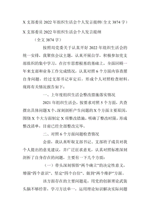 X支部委员2022年组织生活会个人发言提纲（全文3874字）.docx