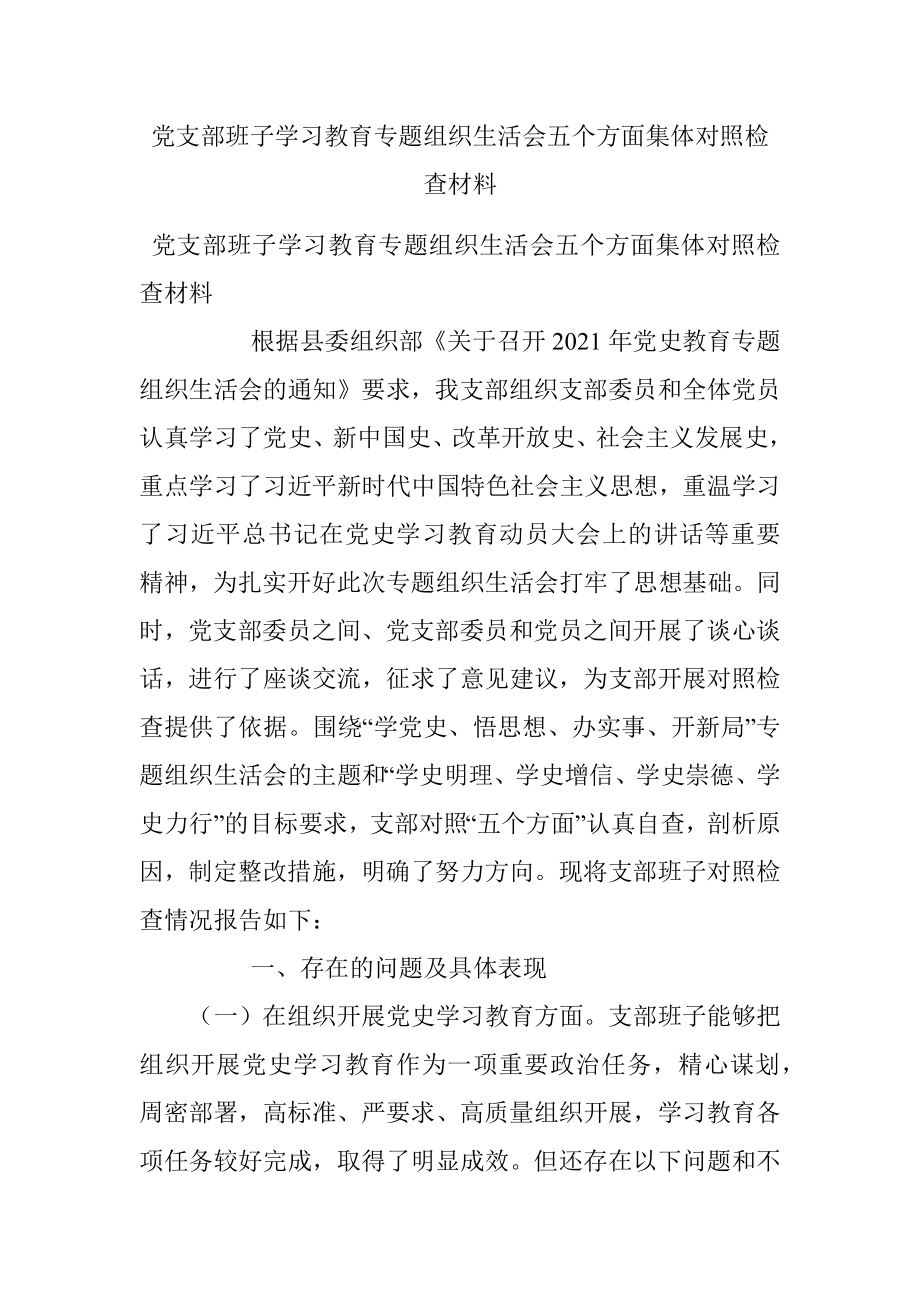 党支部班子学习教育专题组织生活会五个方面集体对照检查材料.docx_第1页