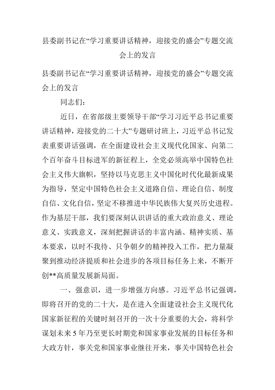 县委副书记在“学习重要讲话精神迎接党的盛会”专题交流会上的发言.docx_第1页