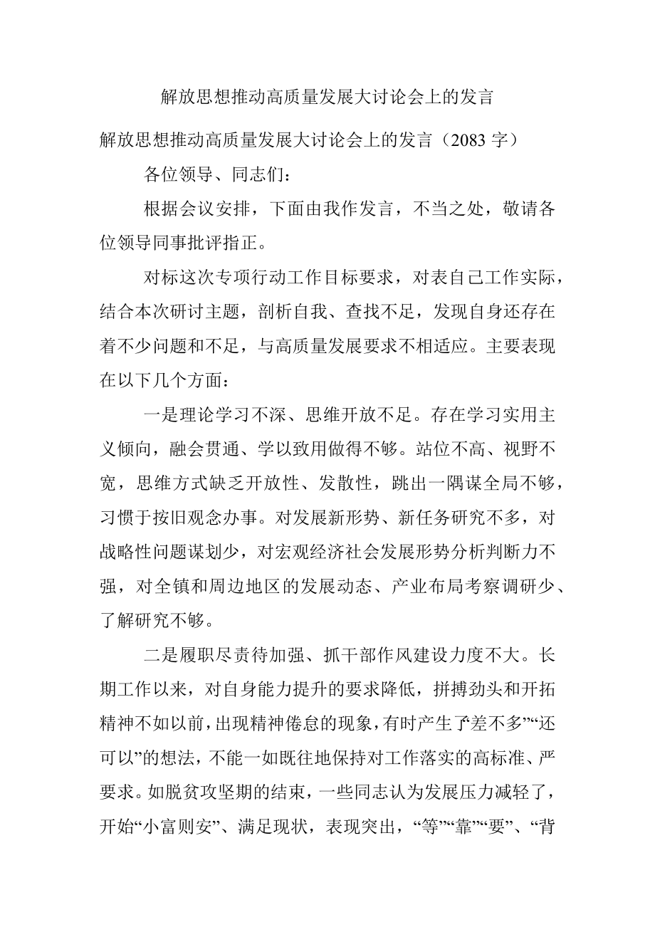 解放思想推动高质量发展大讨论会上的发言.docx_第1页