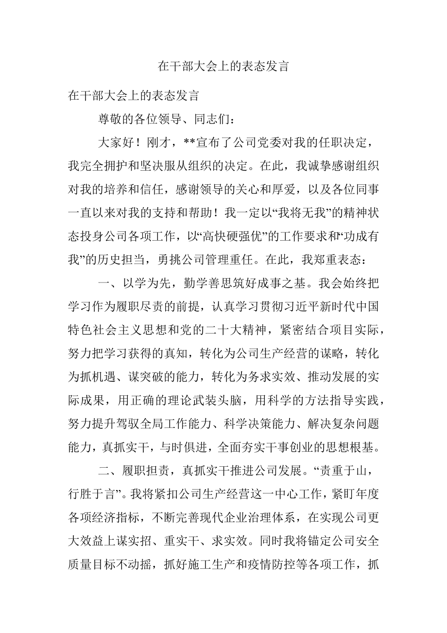 在干部大会上的表态发言.docx_第1页