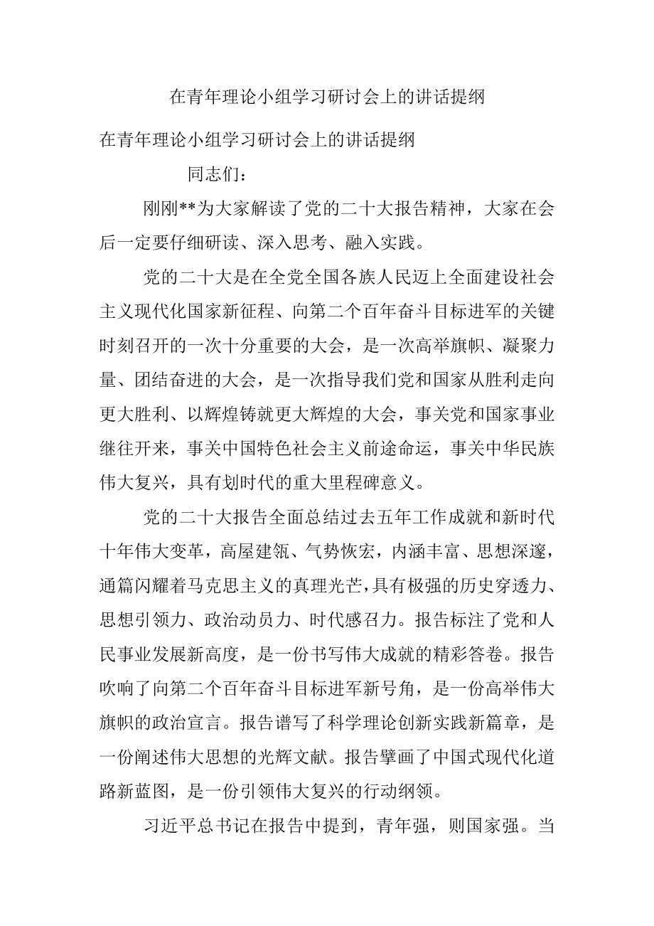 在青年理论小组学习研讨会上的讲话提纲.docx_第1页