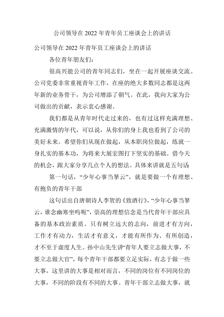 公司领导在2022年青年员工座谈会上的讲话.docx_第1页