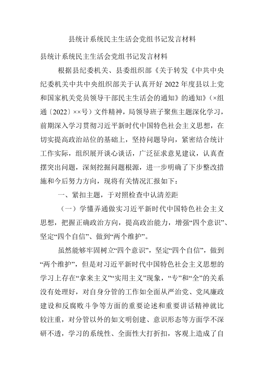 县统计系统民主生活会党组书记发言材料_1.docx_第1页