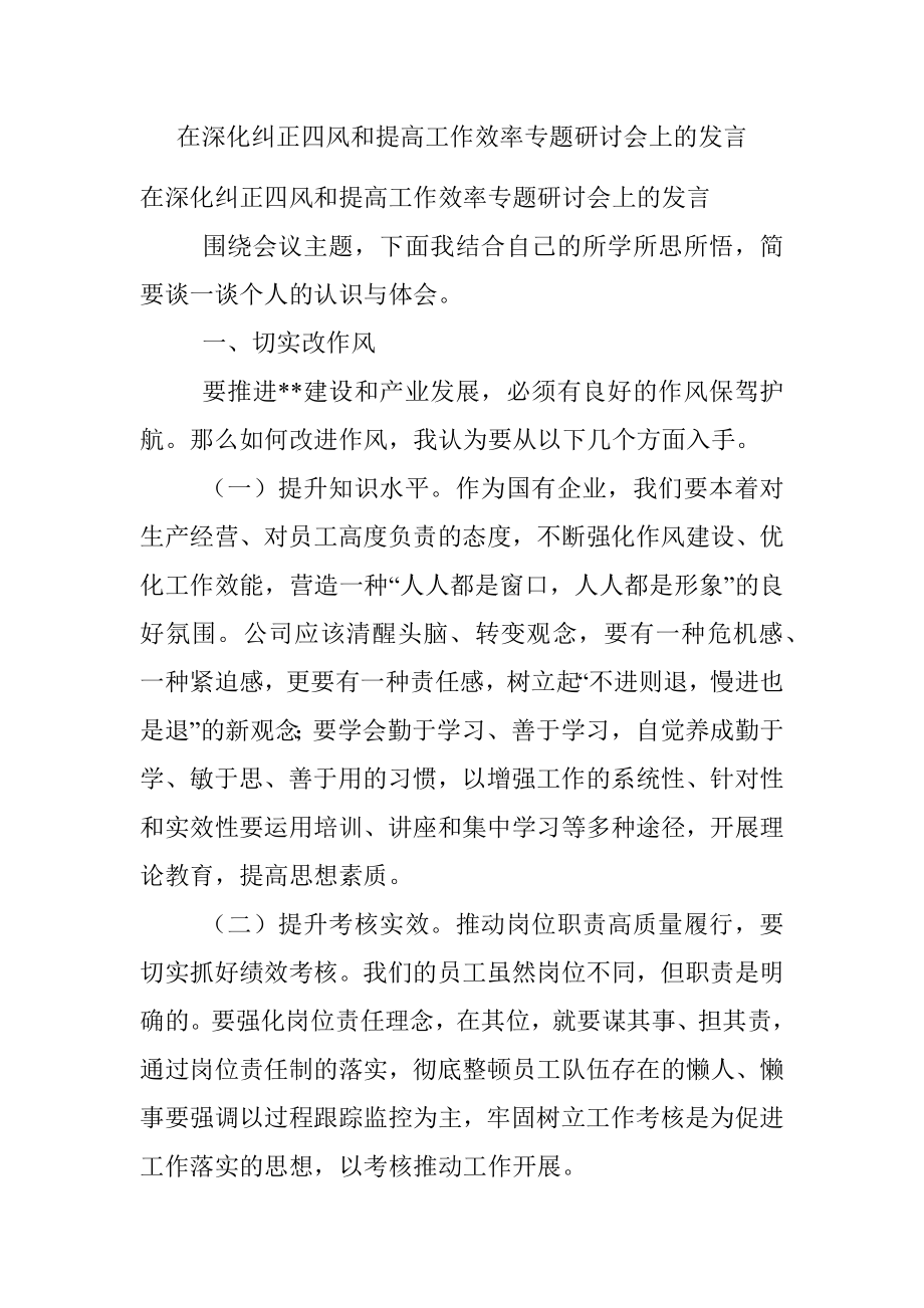 在深化纠正四风和提高工作效率专题研讨会上的发言.docx_第1页