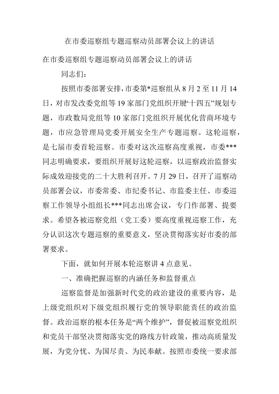 在市委巡察组专题巡察动员部署会议上的讲话.docx_第1页