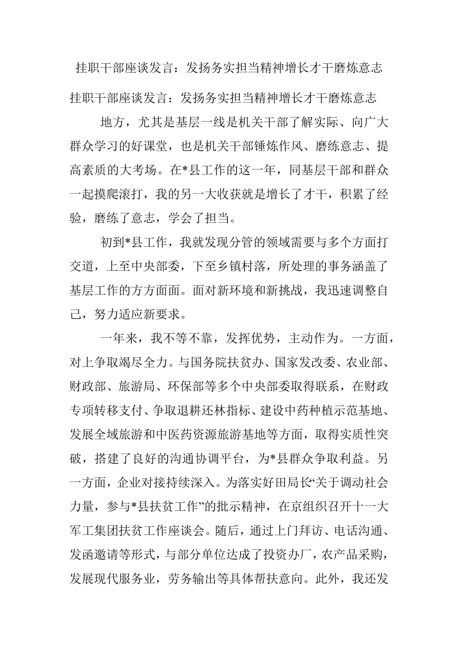 挂职干部座谈发言：发扬务实担当精神增长才干磨炼意志.docx_第1页