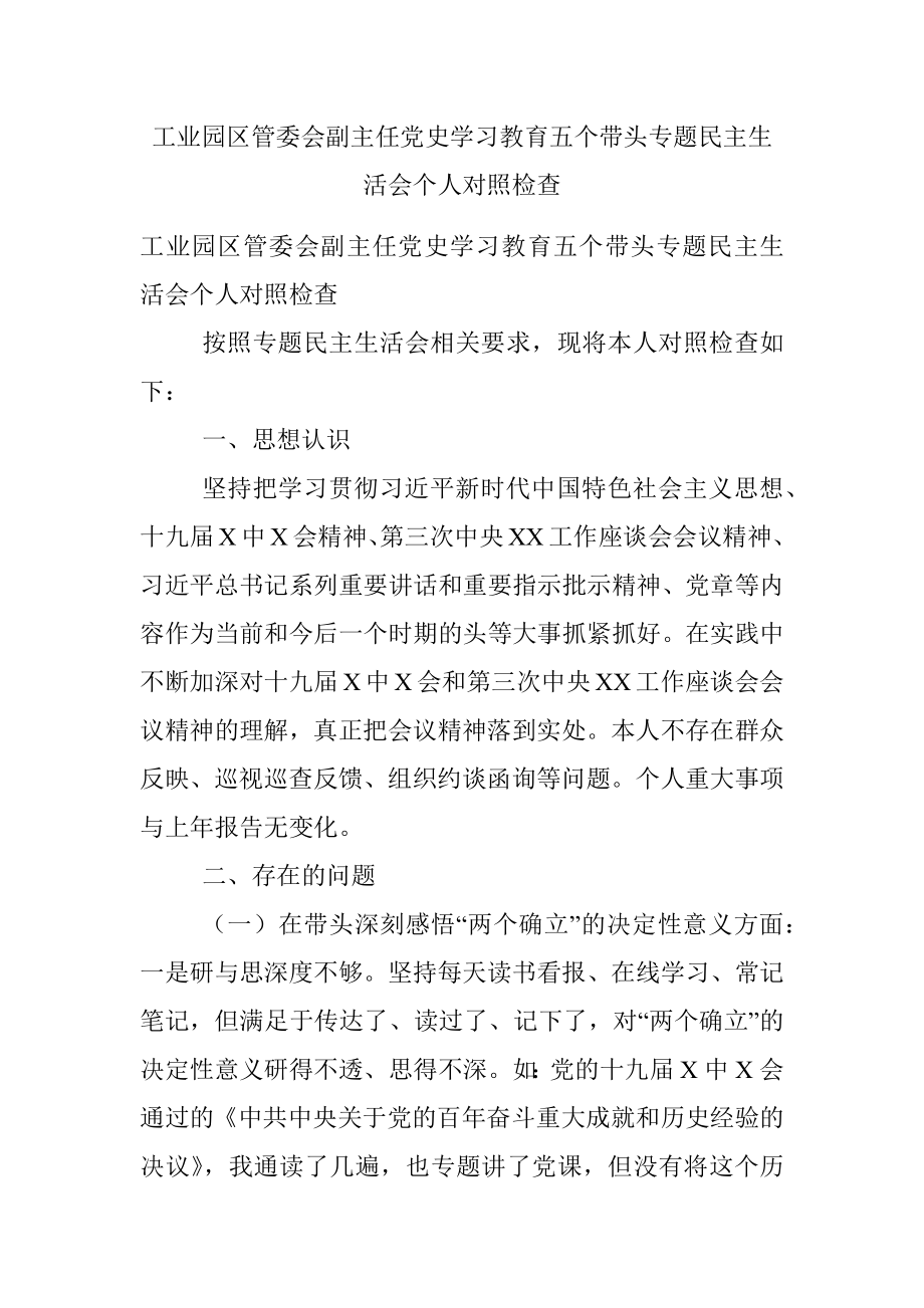 工业园区管委会副主任党史学习教育五个带头专题民主生活会个人对照检查.docx_第1页