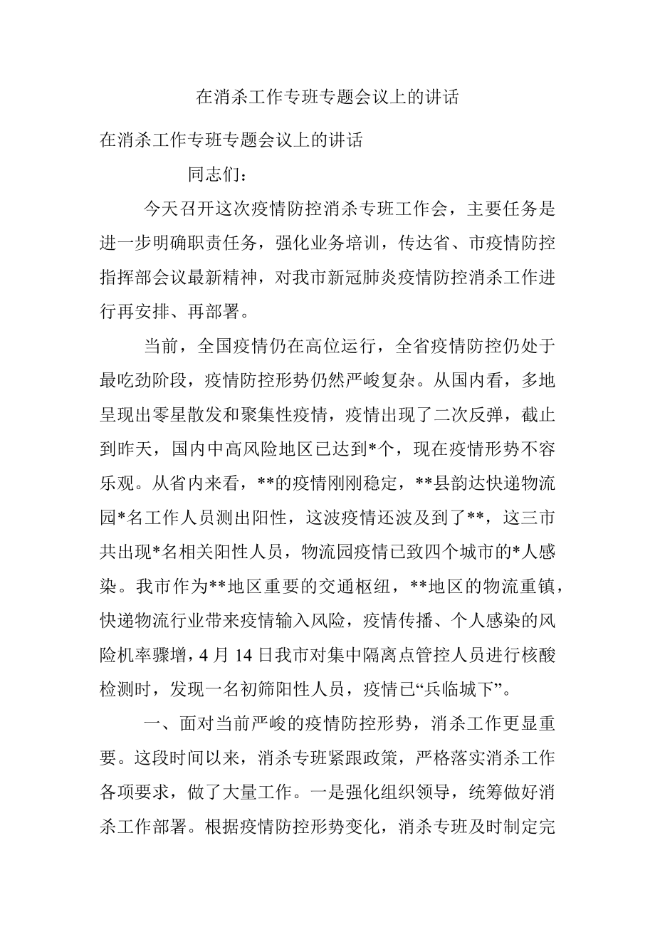 在消杀工作专班专题会议上的讲话_1.docx_第1页