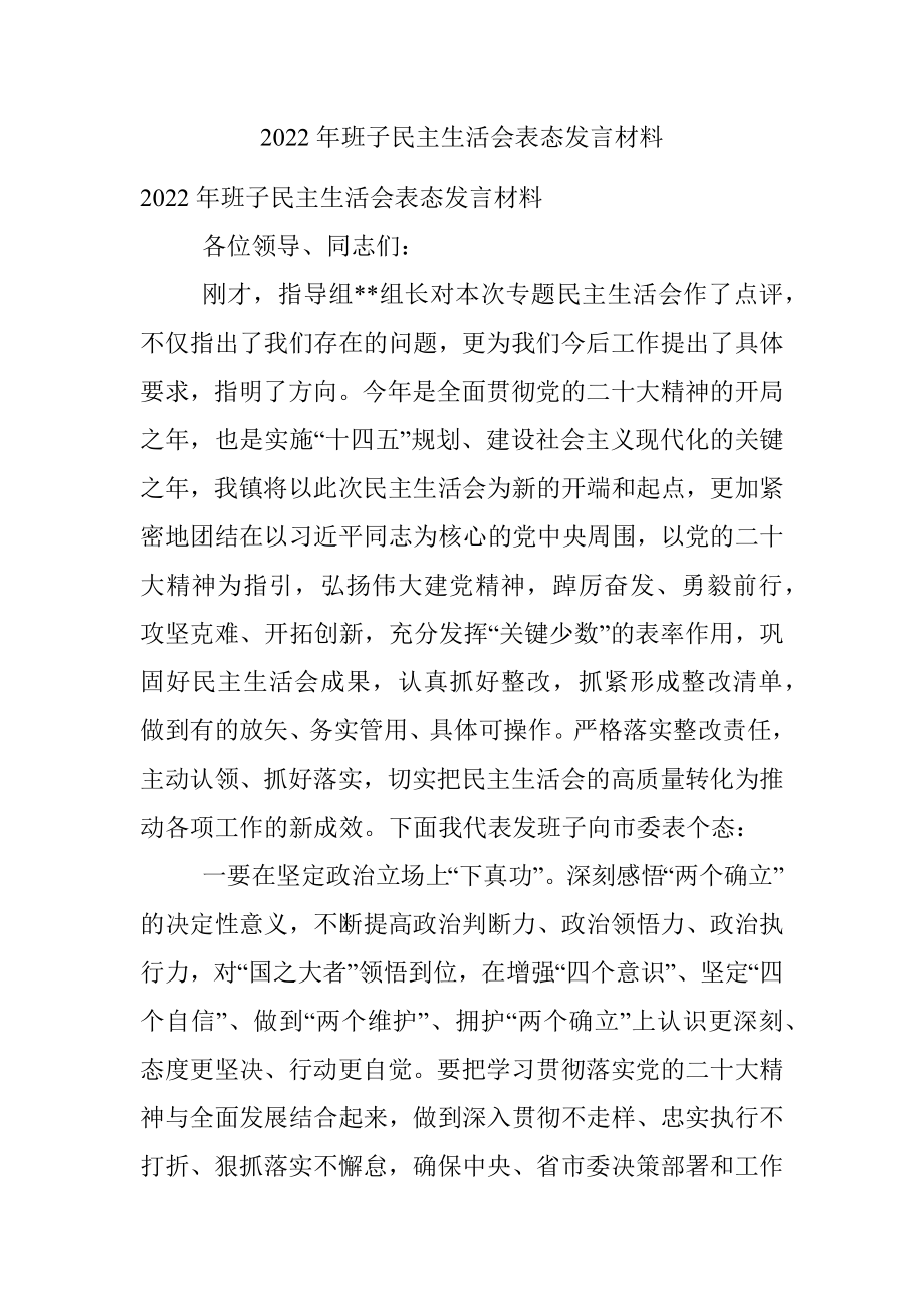 2022年班子民主生活会表态发言材料.docx_第1页