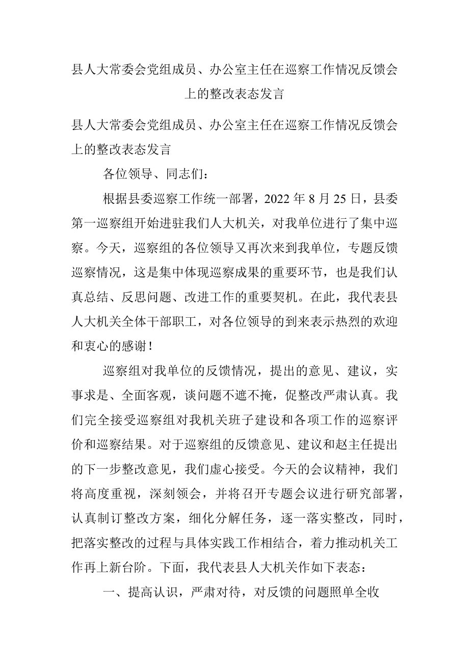 县人大常委会党组成员、办公室主任在巡察工作情况反馈会上的整改表态发言.docx_第1页