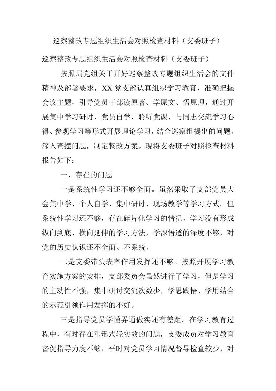 巡察整改专题组织生活会对照检查材料（支委班子）.docx_第1页