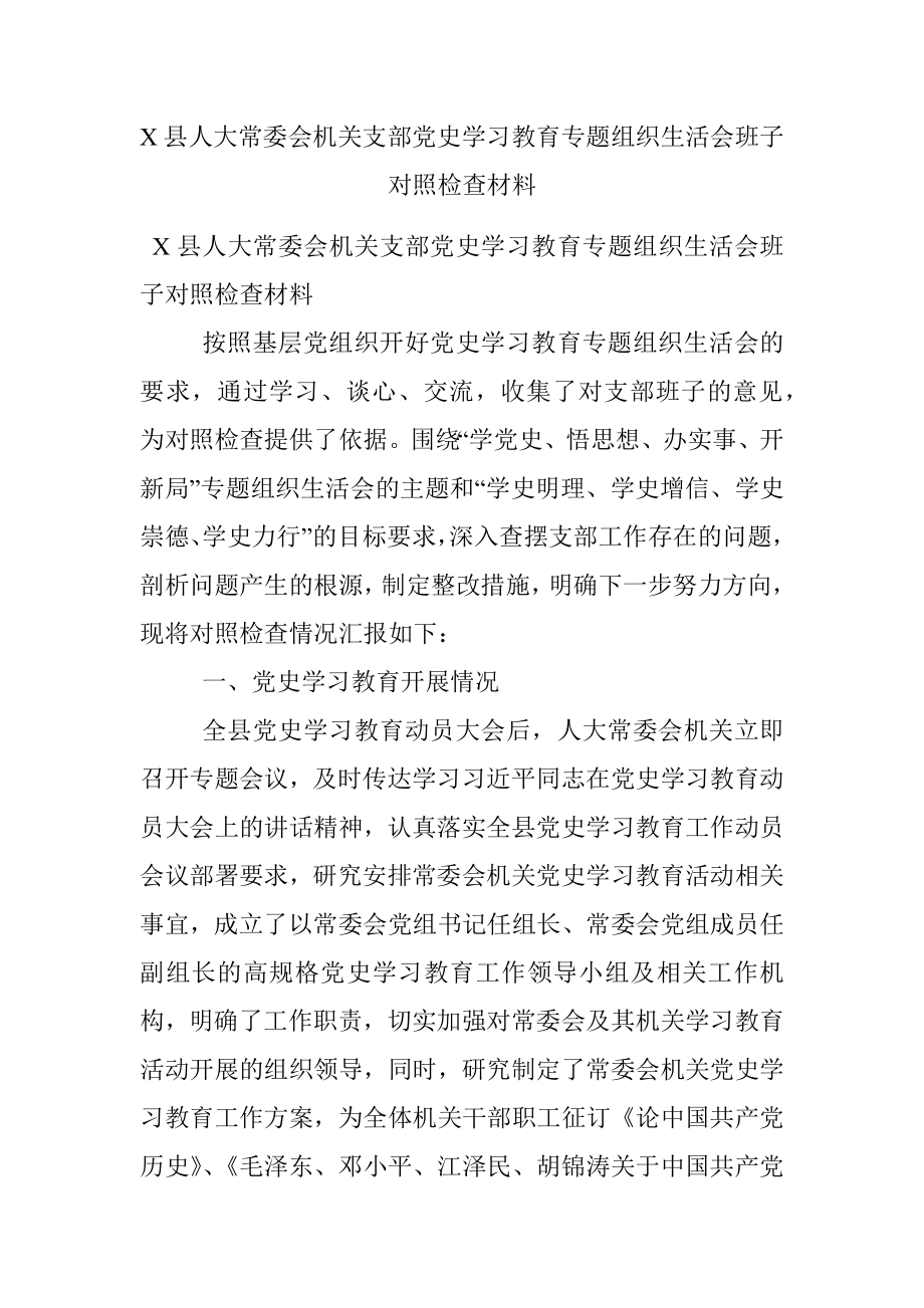 X县人大常委会机关支部党史学习教育专题组织生活会班子对照检查材料.docx_第1页