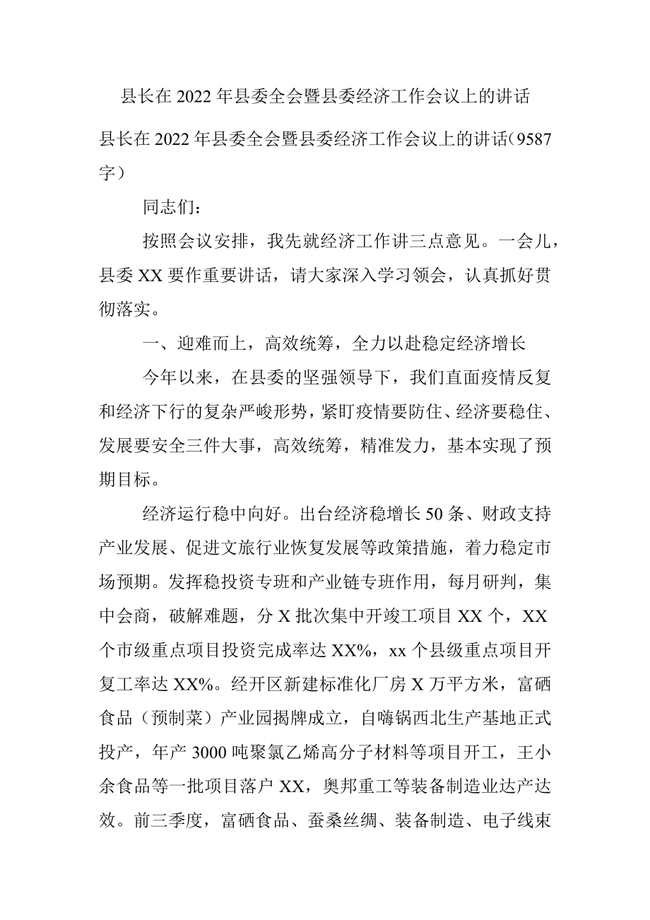 县长在2022年县委全会暨县委经济工作会议上的讲话.docx_第1页