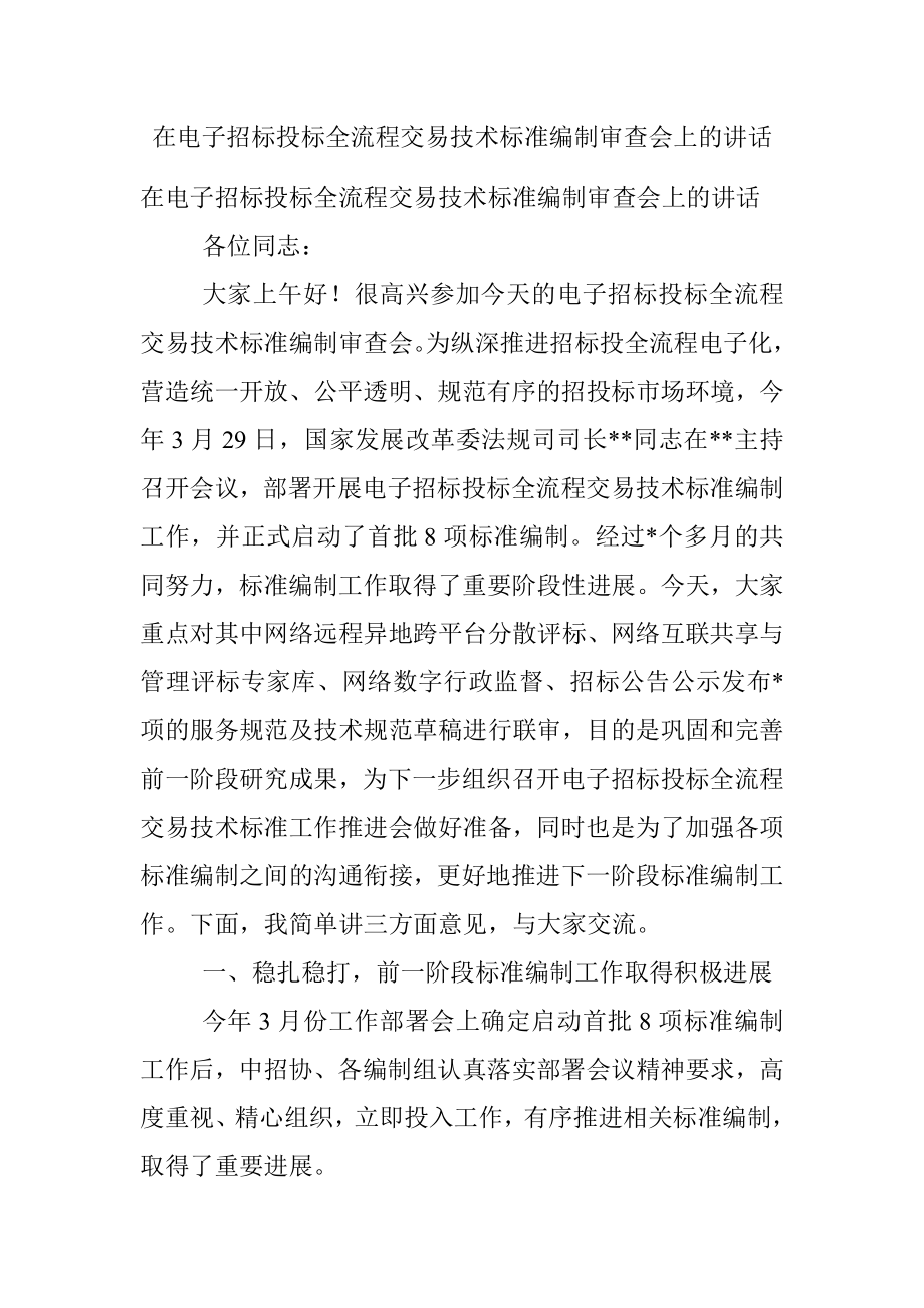 在电子招标投标全流程交易技术标准编制审查会上的讲话.docx_第1页