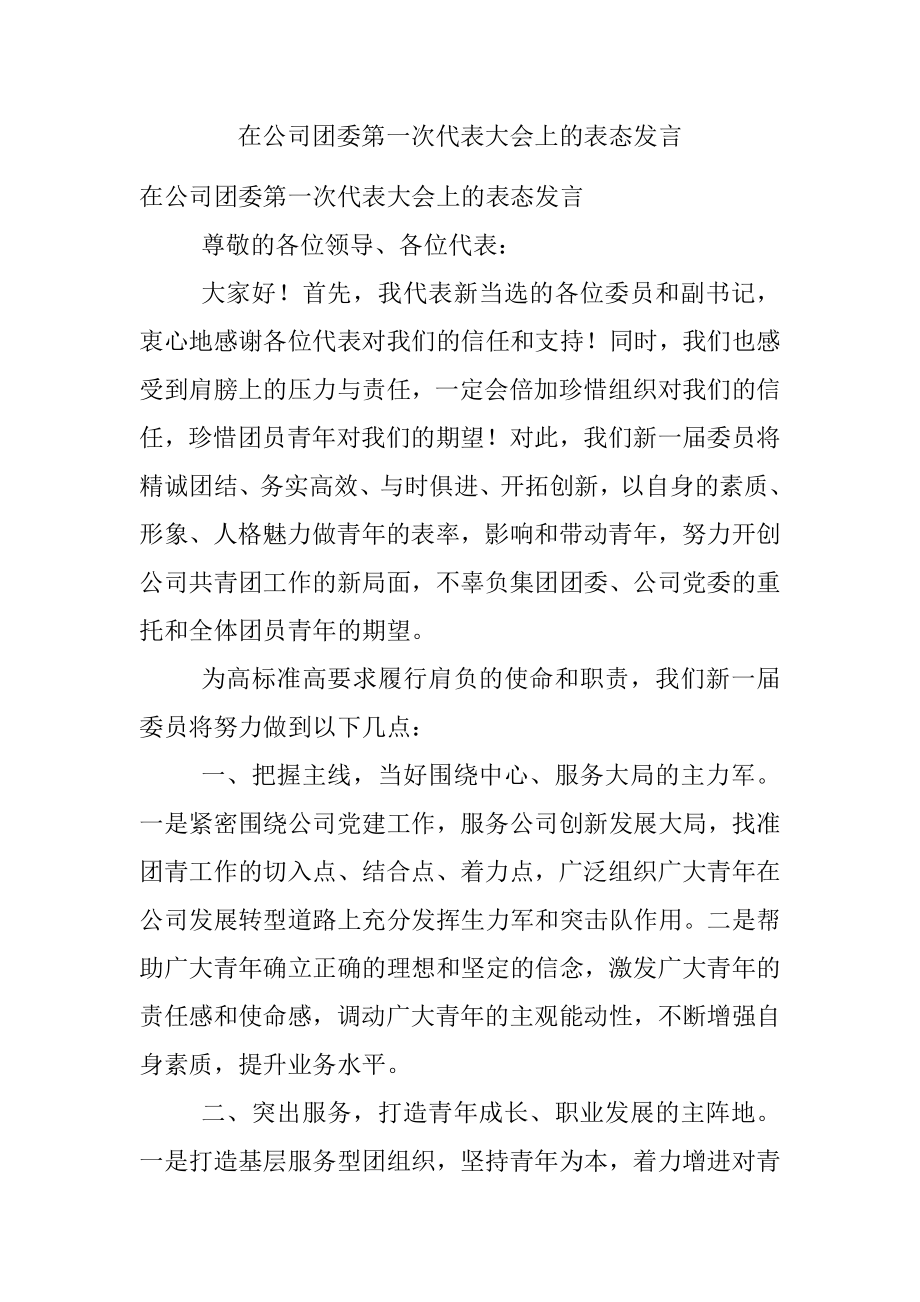 在公司团委第一次代表大会上的表态发言.docx_第1页