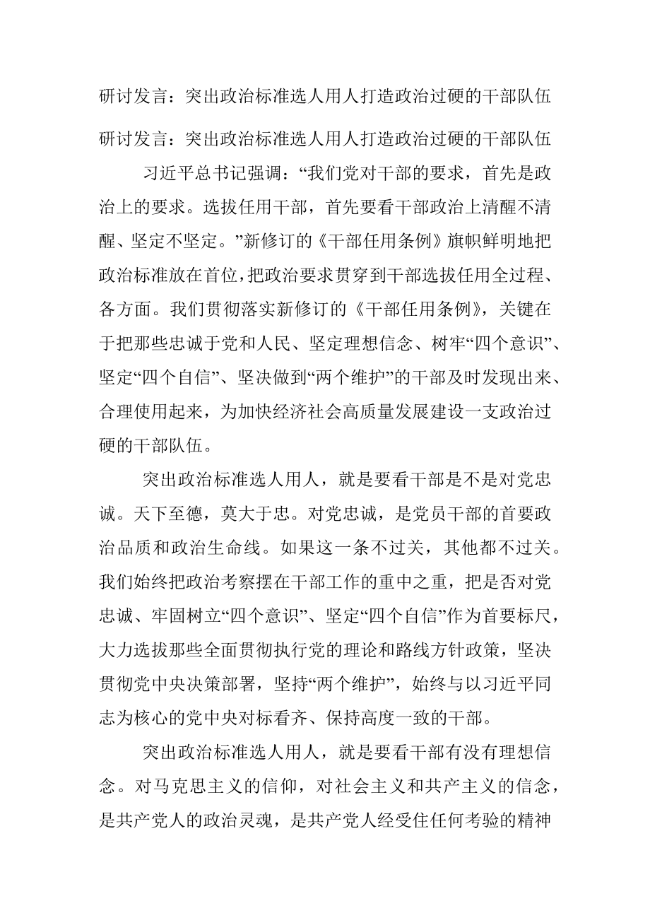 研讨发言：突出政治标准选人用人打造政治过硬的干部队伍.docx_第1页