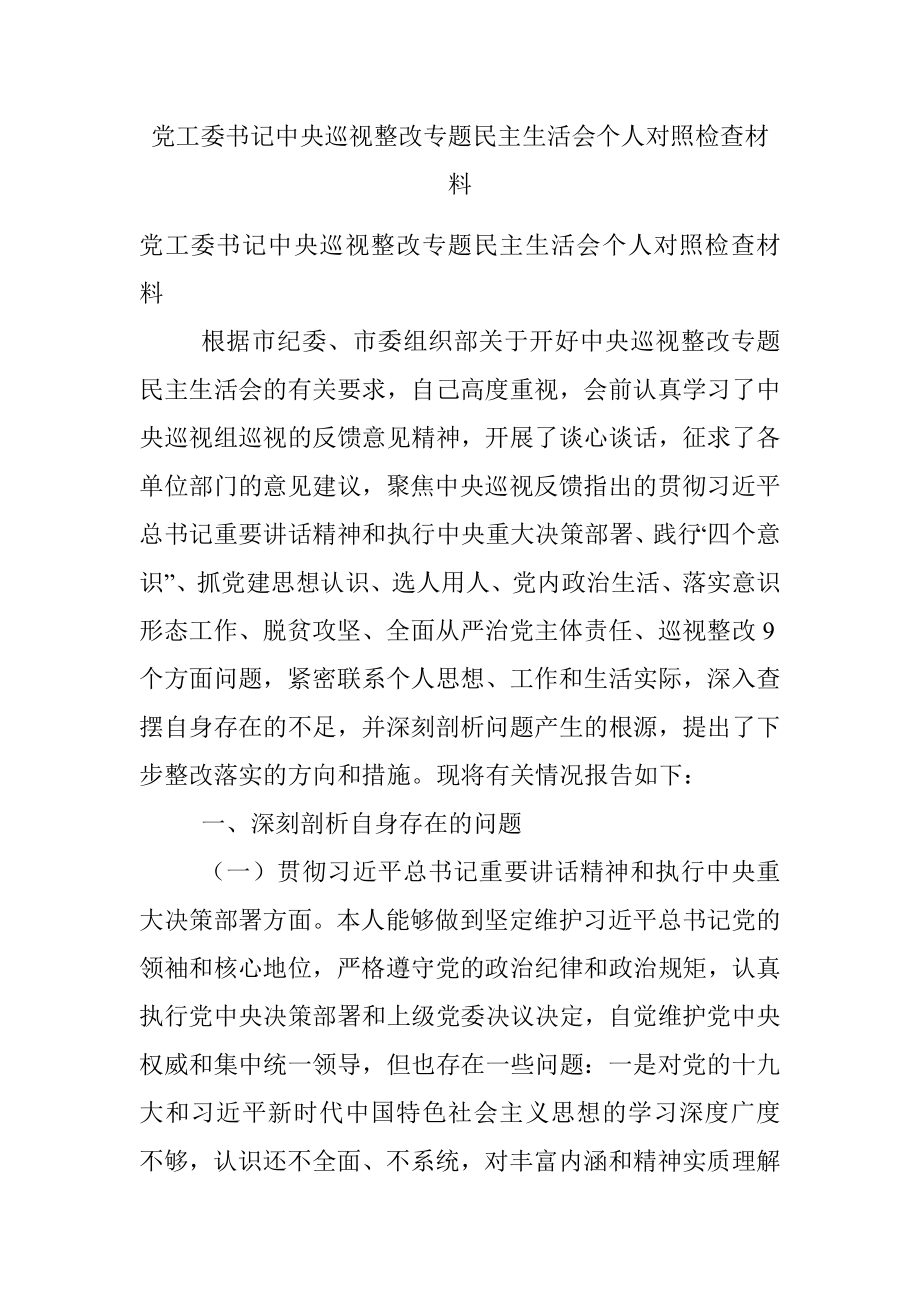 党工委书记中央巡视整改专题民主生活会个人对照检查材料.docx_第1页