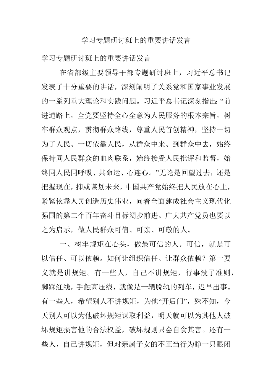 学习专题研讨班上的重要讲话发言.docx_第1页