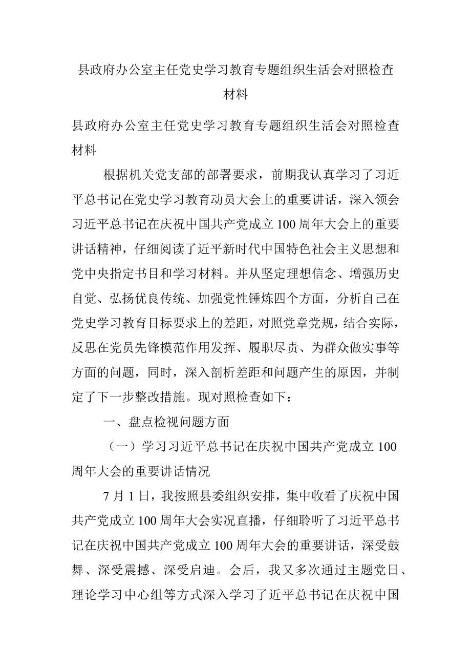 县政府办公室主任党史学习教育专题组织生活会对照检查材料.docx_第1页