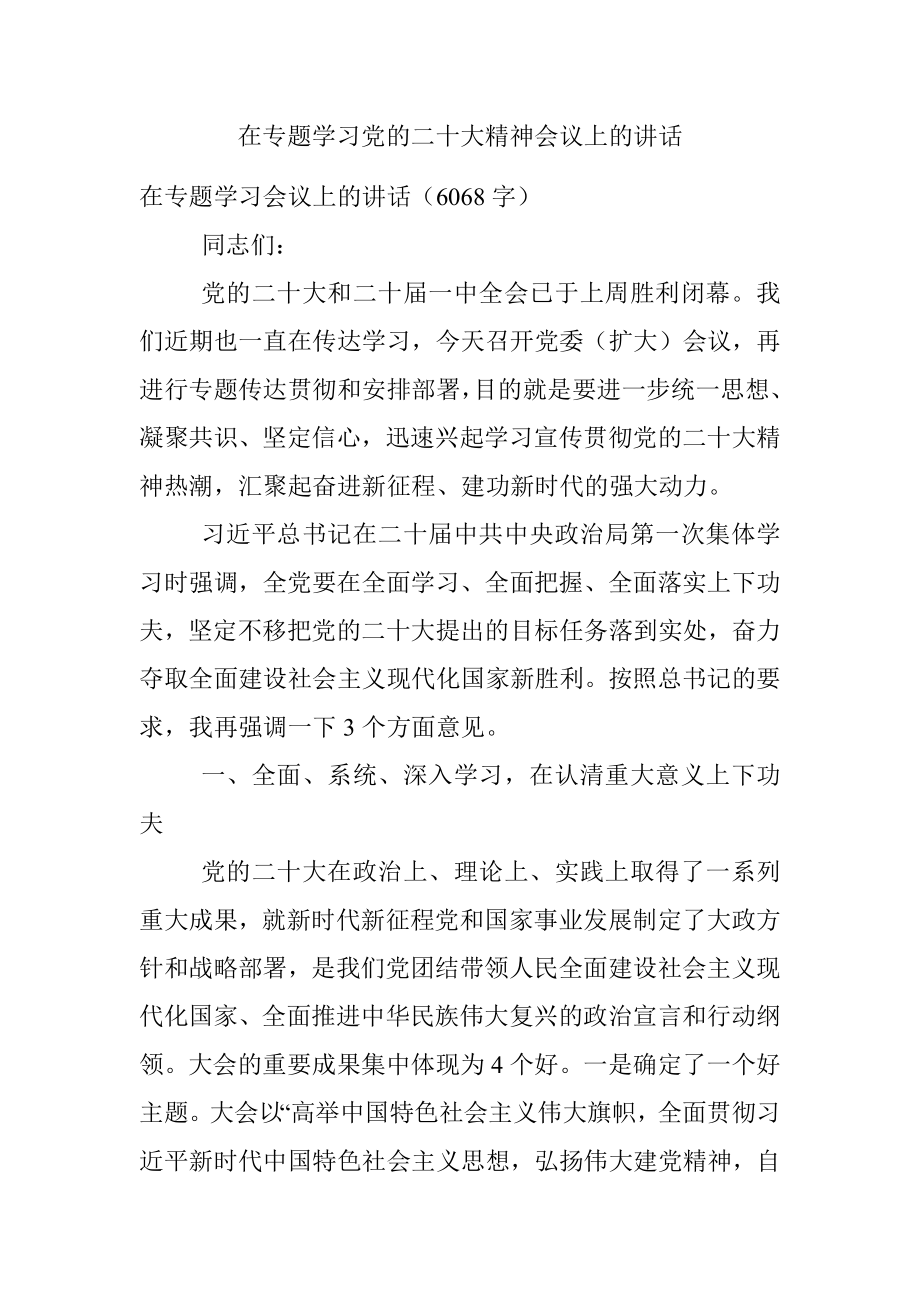 在专题学习党的二十大精神会议上的讲话.docx_第1页