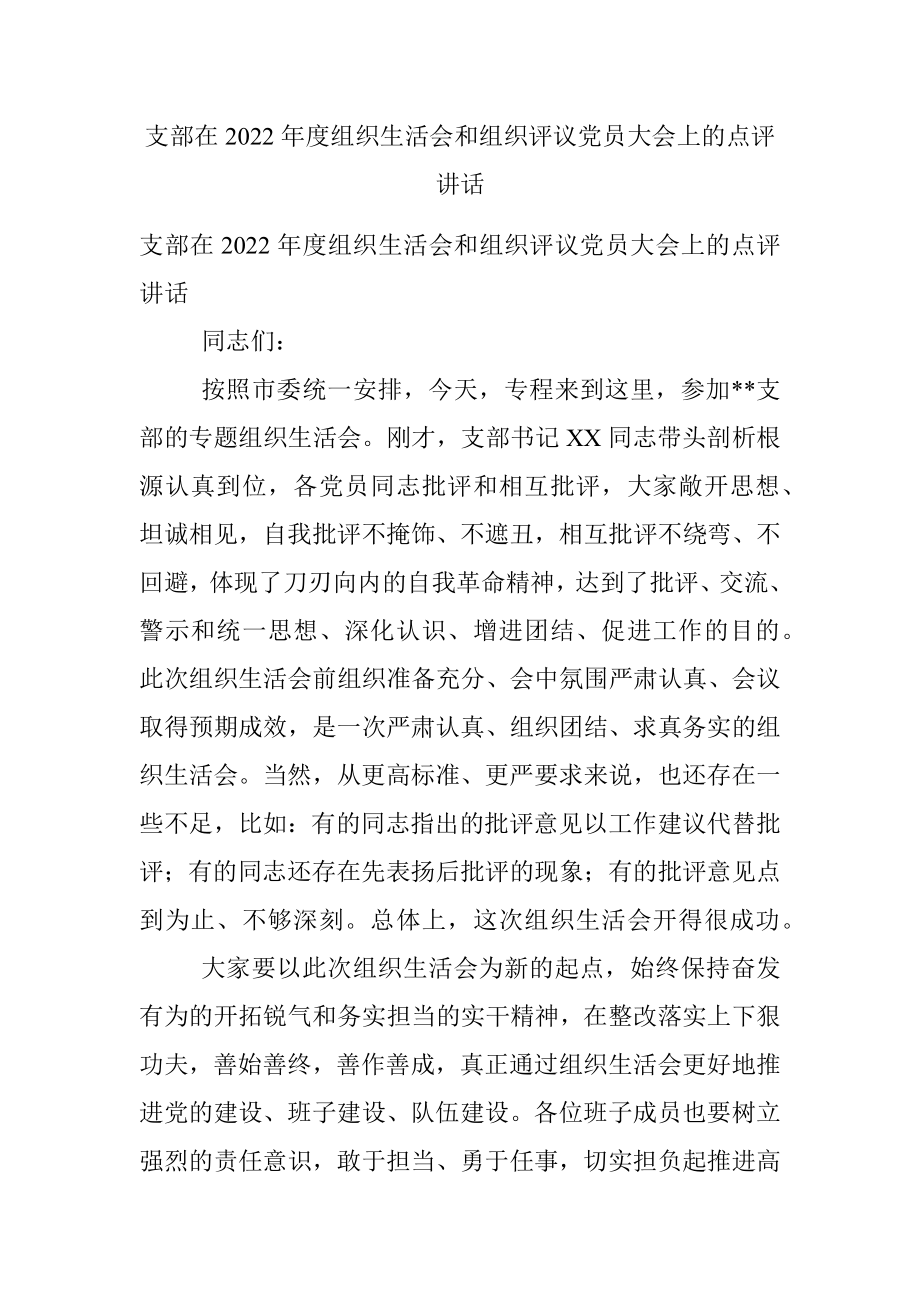 支部在2022年度组织生活会和组织评议党员大会上的点评讲话.docx_第1页