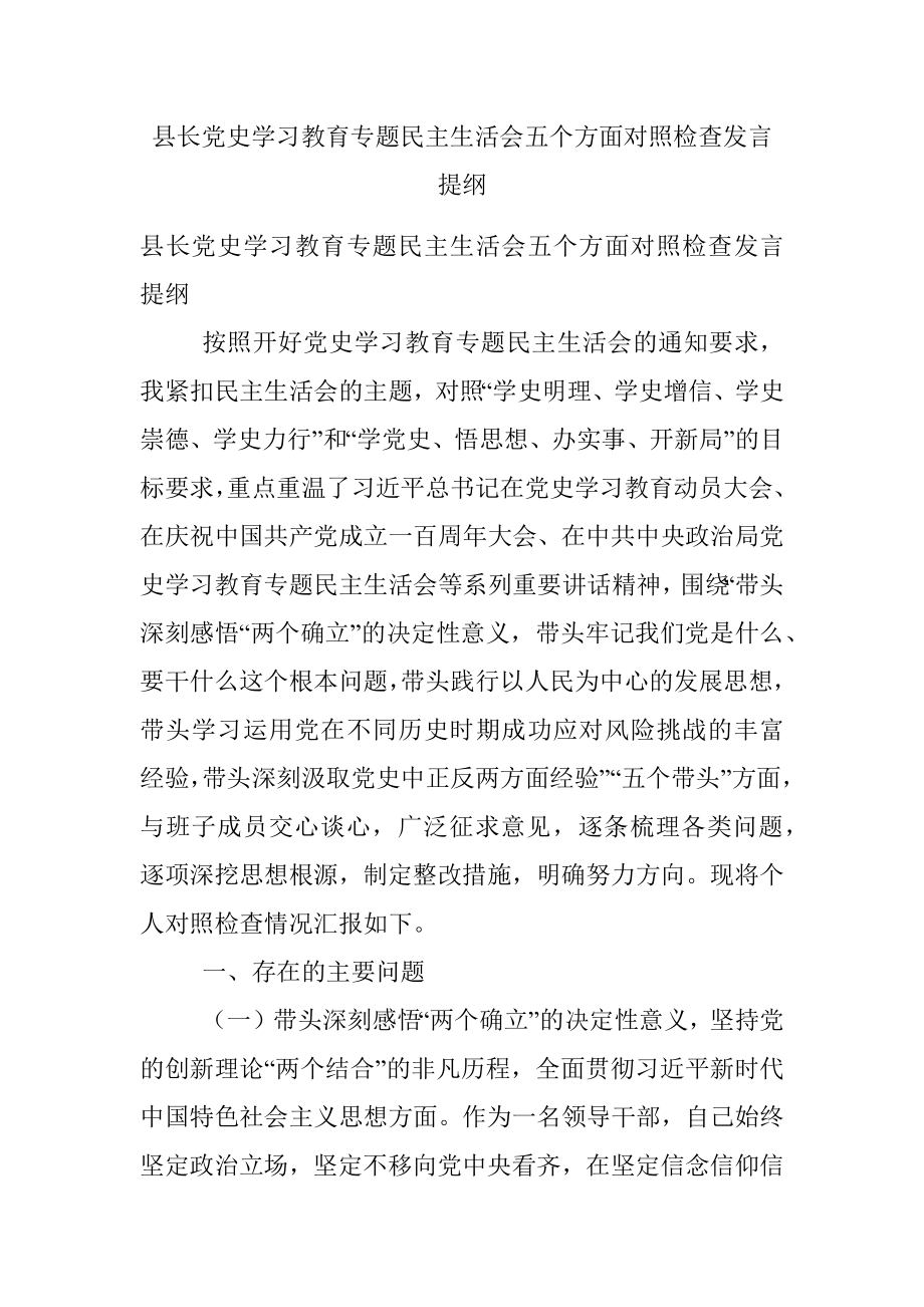 县长党史学习教育专题民主生活会五个方面对照检查发言提纲.docx_第1页